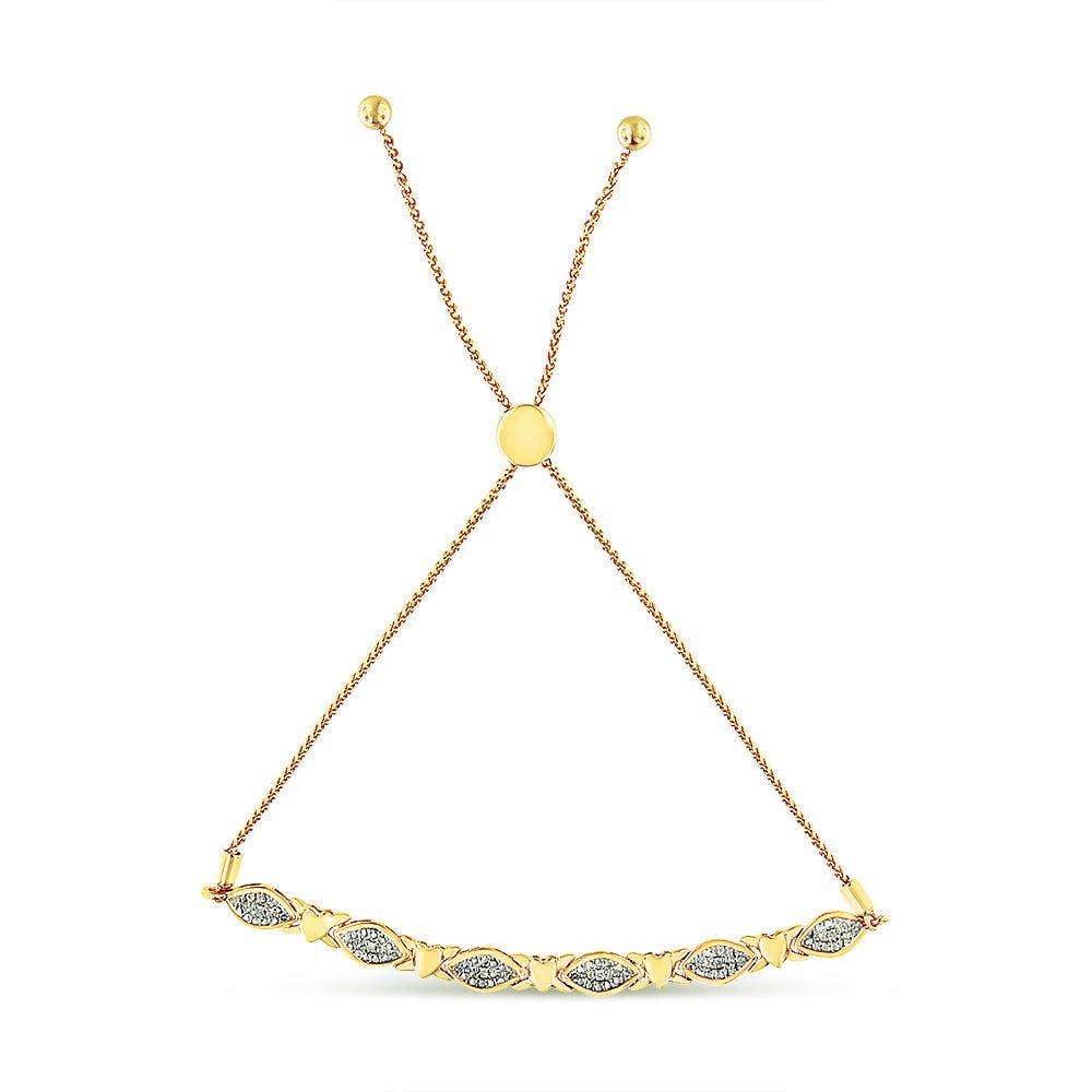 14K Yellow Gold Plated .925 Sterling Silver Diamond Accent Alternating Marquise Shape and Heart Links Bolo Bracelet (I-J Color, I3 Clarity) - Adjustable 6