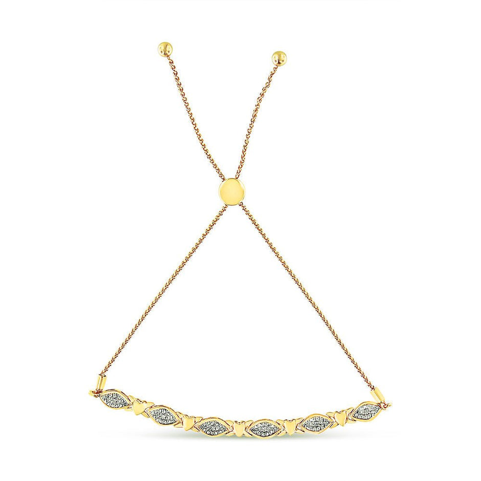 14K Yellow Gold Plated .925 Sterling Silver Diamond Accent Alternating Marquise Shape and Heart Links Bolo Bracelet (I-J Color, I3 Clarity) - Adjustable 6