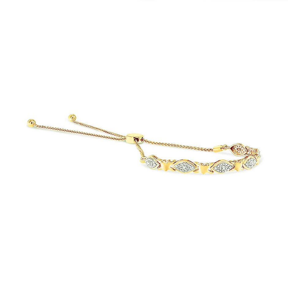 14K Yellow Gold Plated .925 Sterling Silver Diamond Accent Alternating Marquise Shape and Heart Links Bolo Bracelet (I-J Color, I3 Clarity) - Adjustable 6