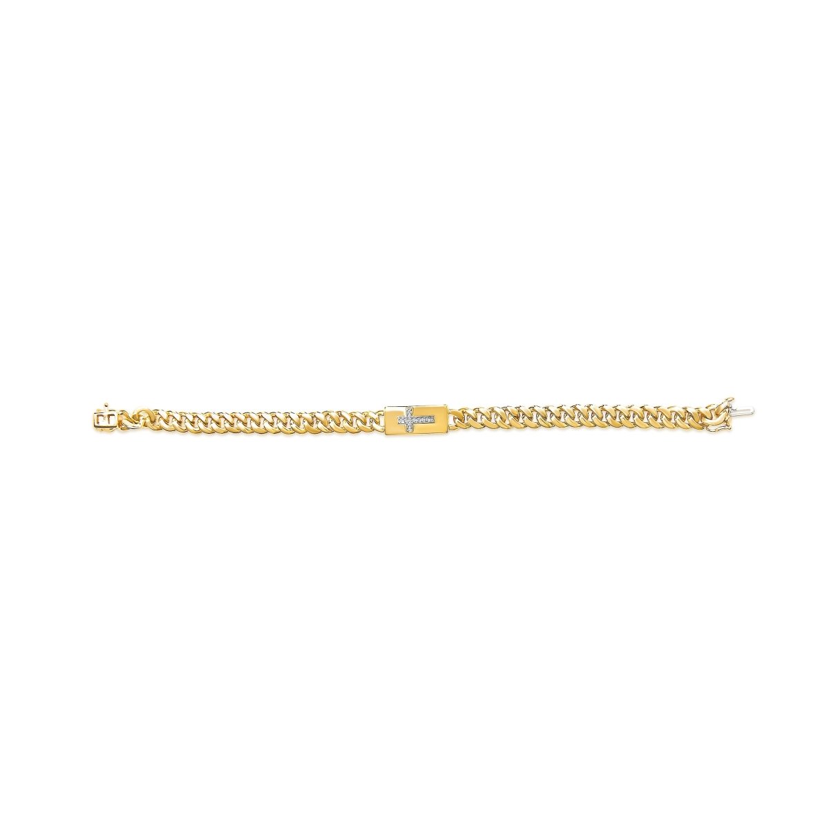 14K Yellow Gold Plated .925 Sterling Silver Diamond Accent Inlaid Cross Cuban Link Bracelet (I-J Color, I3 Clarity)- 7.25