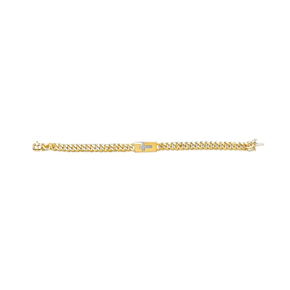 14K Yellow Gold Plated .925 Sterling Silver Diamond Accent Inlaid Cross Cuban Link Bracelet (I-J Color, I3 Clarity)- 7.25