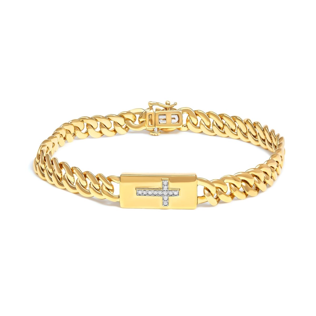 14K Yellow Gold Plated .925 Sterling Silver Diamond Accent Inlaid Cross Cuban Link Bracelet (I-J Color, I3 Clarity)- 7.25