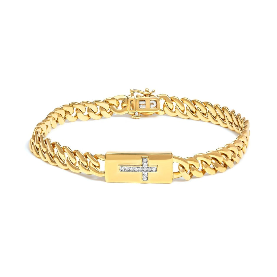 14K Yellow Gold Plated .925 Sterling Silver Diamond Accent Inlaid Cross Cuban Link Bracelet (I-J Color, I3 Clarity)- 7.25" - Bracelets - Custom Crafting Alliance, LLC