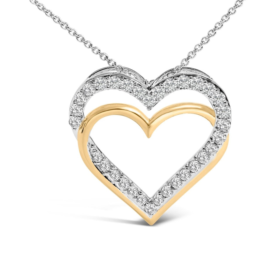 14K Yellow Gold Plated Sterling Silver 1.00 Cttw Diamond Double Heart Pendant Necklace - Necklaces - Custom Crafting Alliance, LLC