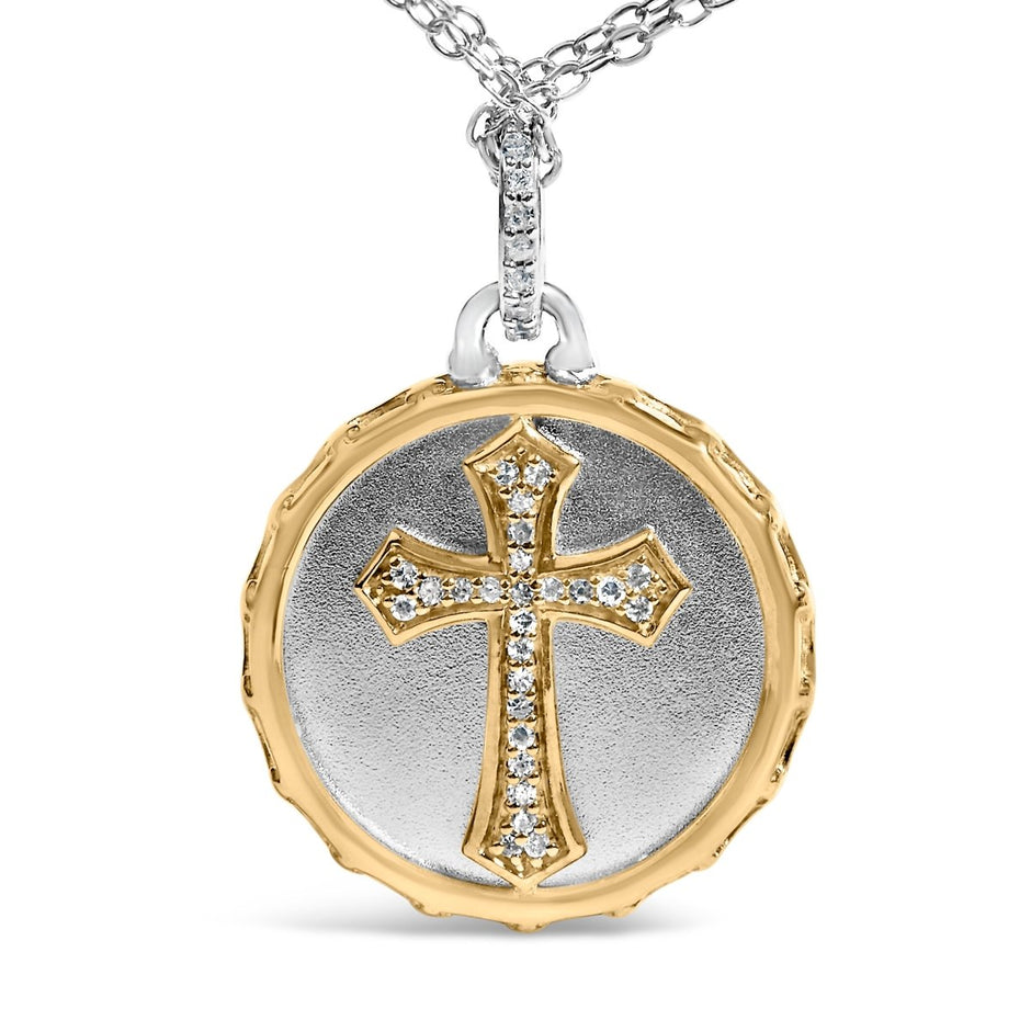 14K Yellow Gold Plated Sterling Silver 1/10 Cttw Diamond Cross Medallion Pendant Necklace - Necklaces - Custom Crafting Alliance, LLC