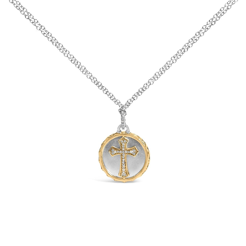 14K Yellow Gold Plated Sterling Silver 1/10 Cttw Diamond Cross Medallion Pendant Necklace - Necklaces - Custom Crafting Alliance, LLC