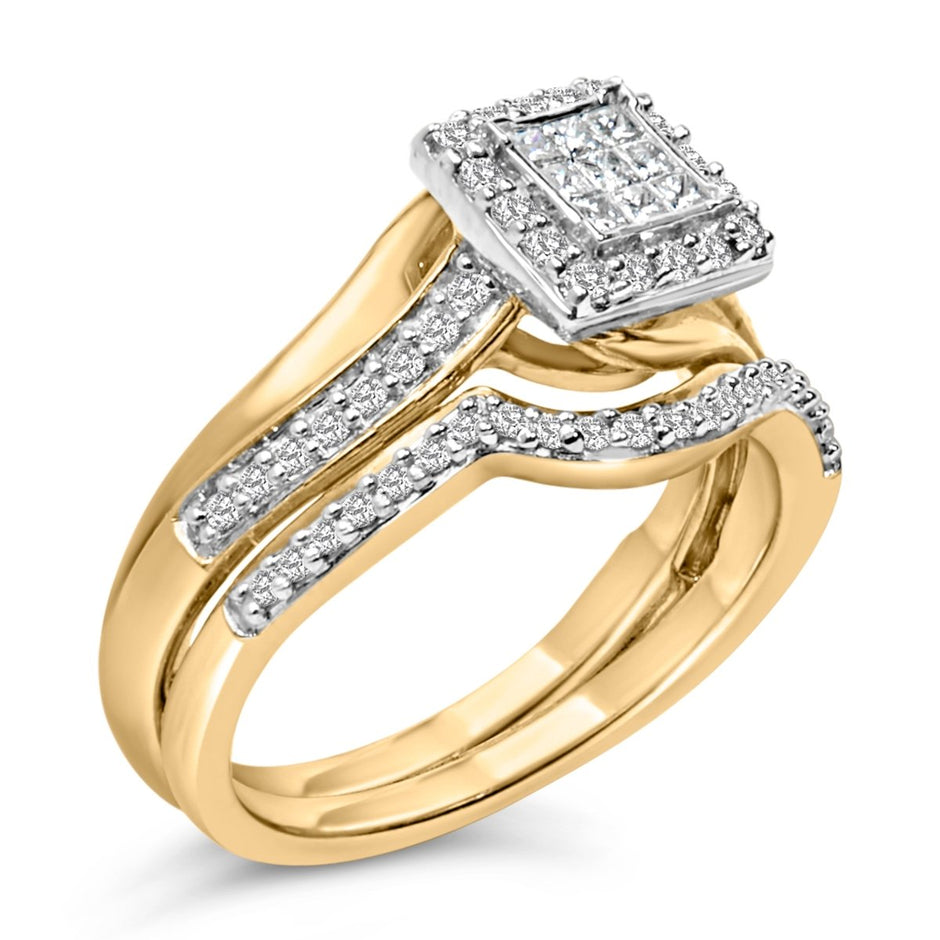 14K Yellow Gold Plated Sterling Silver 1/2 Cttw Princess Square Diamond Bridal Set - Rings - Custom Crafting Alliance, LLC