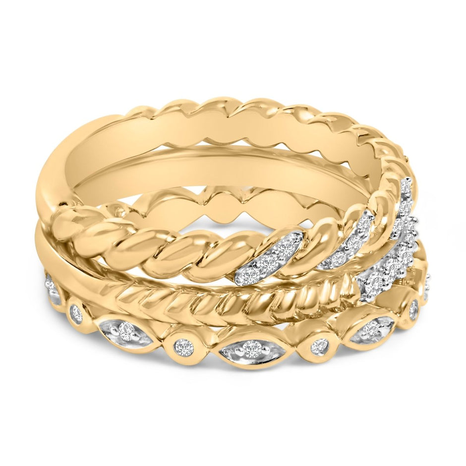 14K Yellow Gold Plated Sterling Silver 1/4 Cttw Diamond Twist Leaf Stackable Ring Set - Rings - Custom Crafting Alliance, LLC