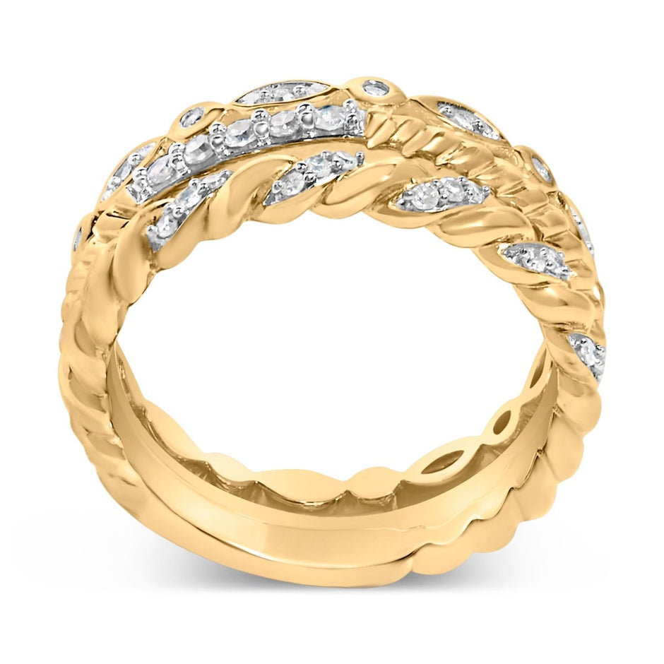 14K Yellow Gold Plated Sterling Silver 1/4 Cttw Diamond Twist Leaf Stackable Ring Set - Rings - Custom Crafting Alliance, LLC