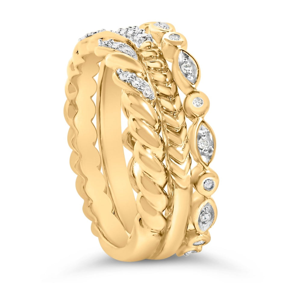 14K Yellow Gold Plated Sterling Silver 1/4 Cttw Diamond Twist Leaf Stackable Ring Set - Rings - Custom Crafting Alliance, LLC
