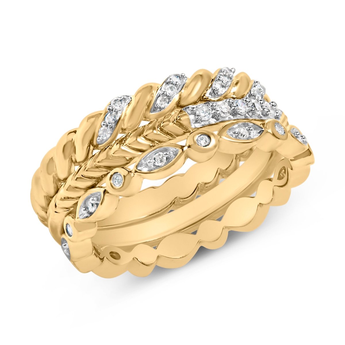 14K Yellow Gold Plated Sterling Silver 1/4 Cttw Diamond Twist Leaf Stackable Ring Set - Rings - Custom Crafting Alliance, LLC