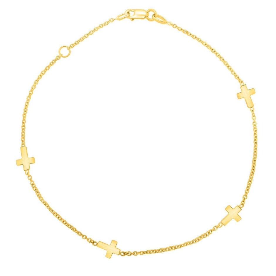 14k Yellow Gold Polished Station Cross Anklet (1.00 mm) - Accessories - Custom Crafting Alliance, LLC