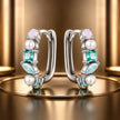 925 Sterling Silver Earrings with Nano Opal, Shell Pearl and Glass, 1.4cm for Women