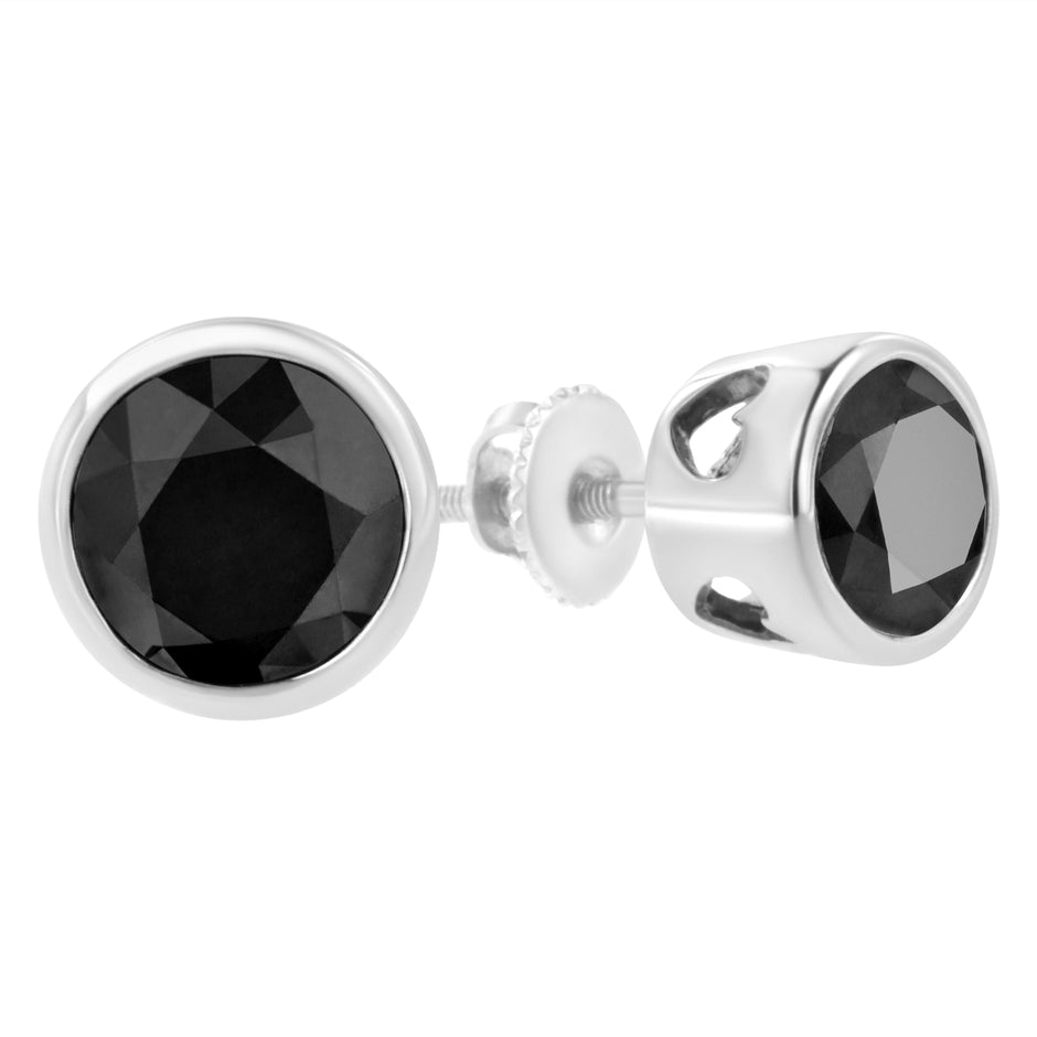 .925 Sterling Silver 4.00 Cttw Round Brilliant-Cut Black Diamond Bezel-Set Stud Earrings with Screw Backs (Fancy Color-Enhanced, I2-I3 Clarity)