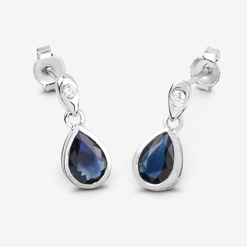 1.65 Carat Genuine Blue Sapphire and White Diamond 10K White Gold Earrings - Earrings - Custom Crafting Alliance, LLC