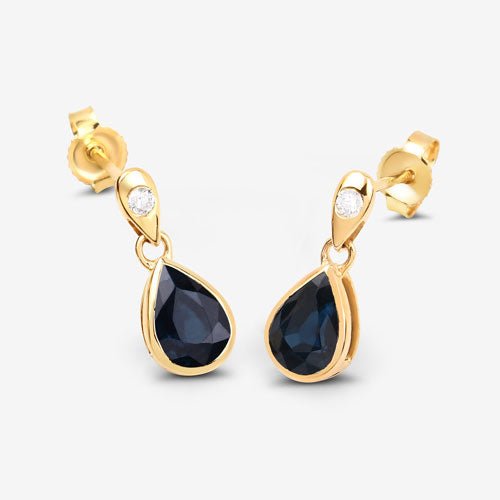 1.65 Carat Genuine Blue Sapphire and White Diamond 10K Yellow Gold Earrings - Earrings - Custom Crafting Alliance, LLC