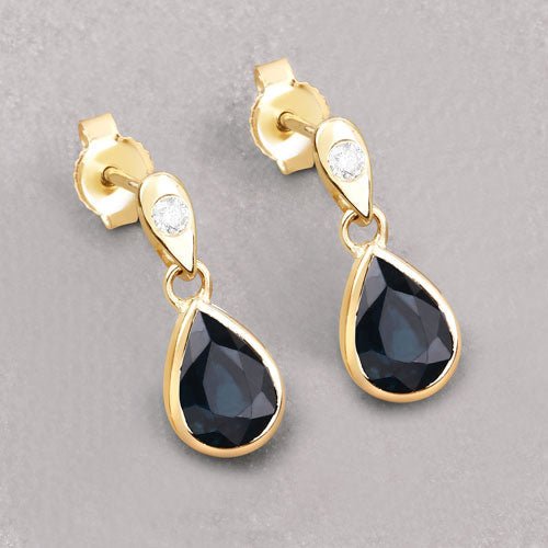 1.65 Carat Genuine Blue Sapphire and White Diamond 10K Yellow Gold Earrings - Earrings - Custom Crafting Alliance, LLC