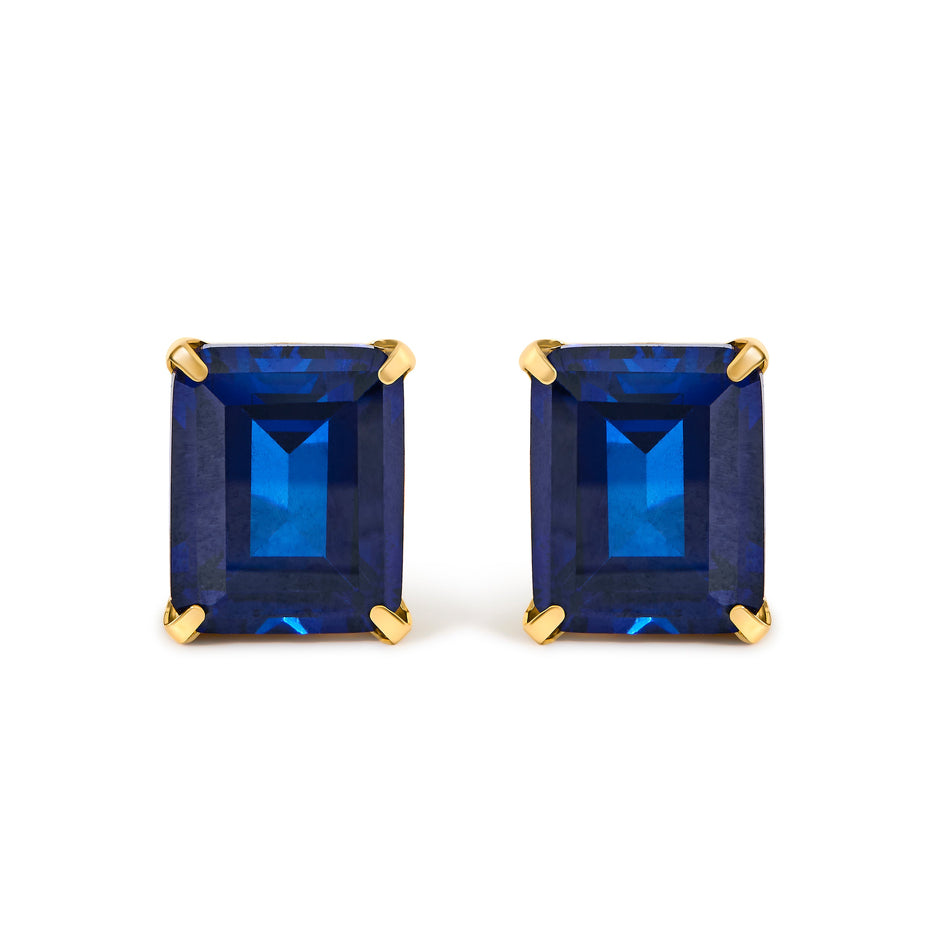 18K Yellow Gold 10x8 MM Lab Created Blue Sapphire Emerald Cut Solitaire Stud Earrings
