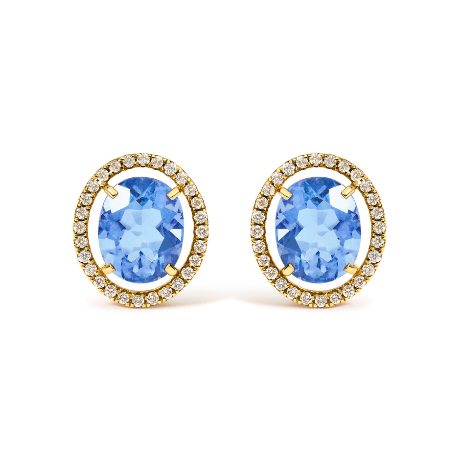 18K Yellow Gold 8X10 MM Blue Fluorite Oval and 1/2 Cttw Diamond Halo Stud Earrings