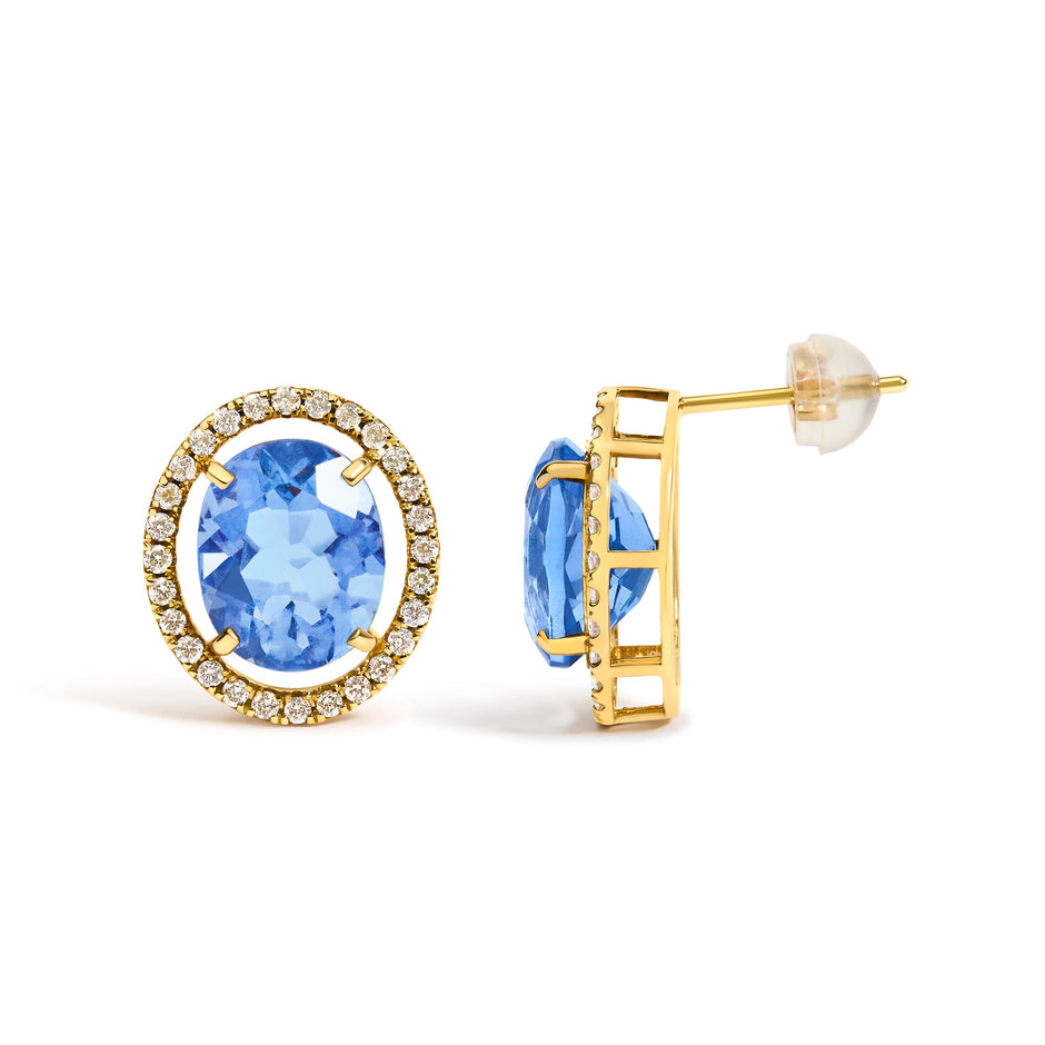 18K Yellow Gold 8X10 MM Blue Fluorite Oval and 1/2 Cttw Diamond Halo Stud Earrings
