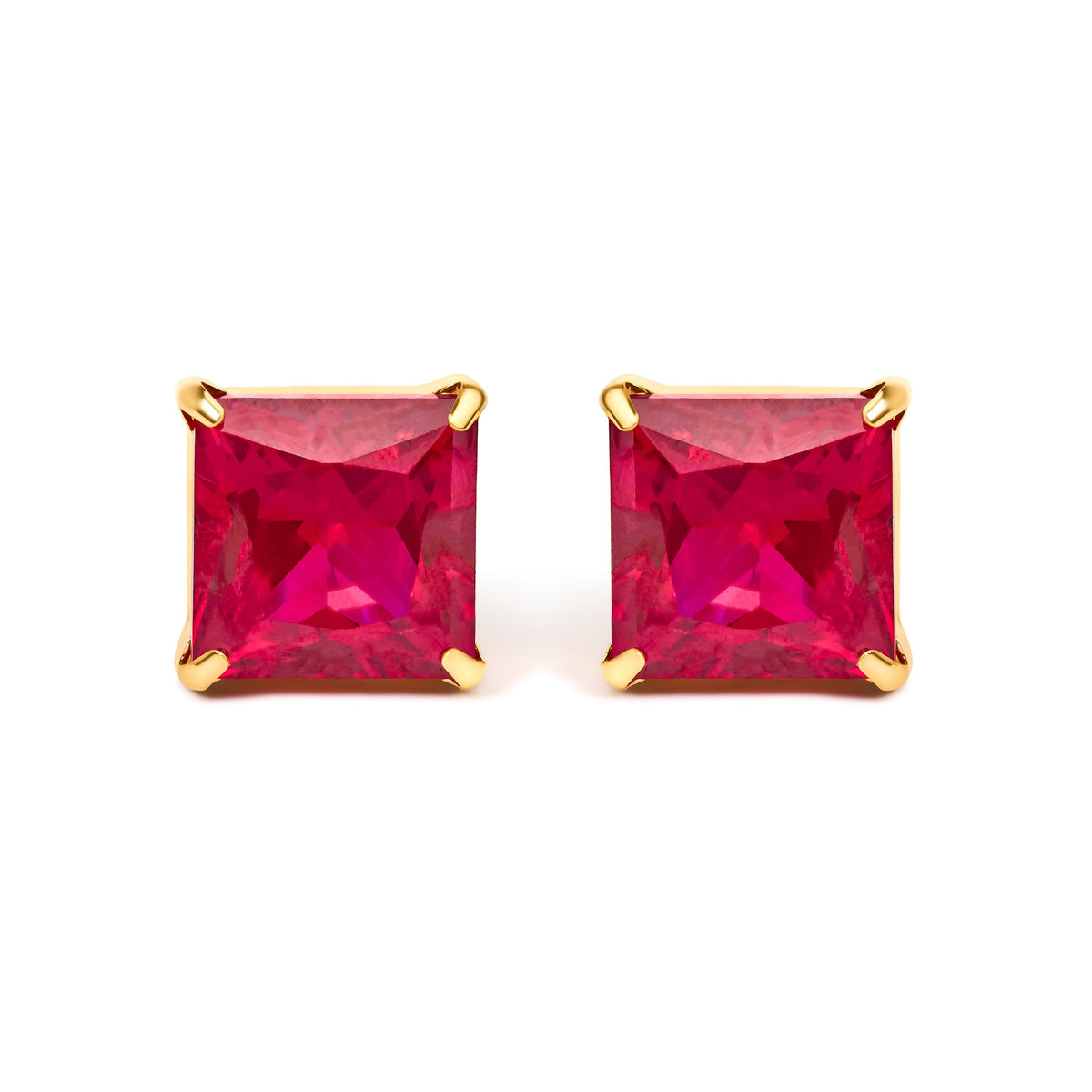 18K Yellow Gold 7x7 MM Created Red Ruby Princess Cut Solitaire Stud Earrings