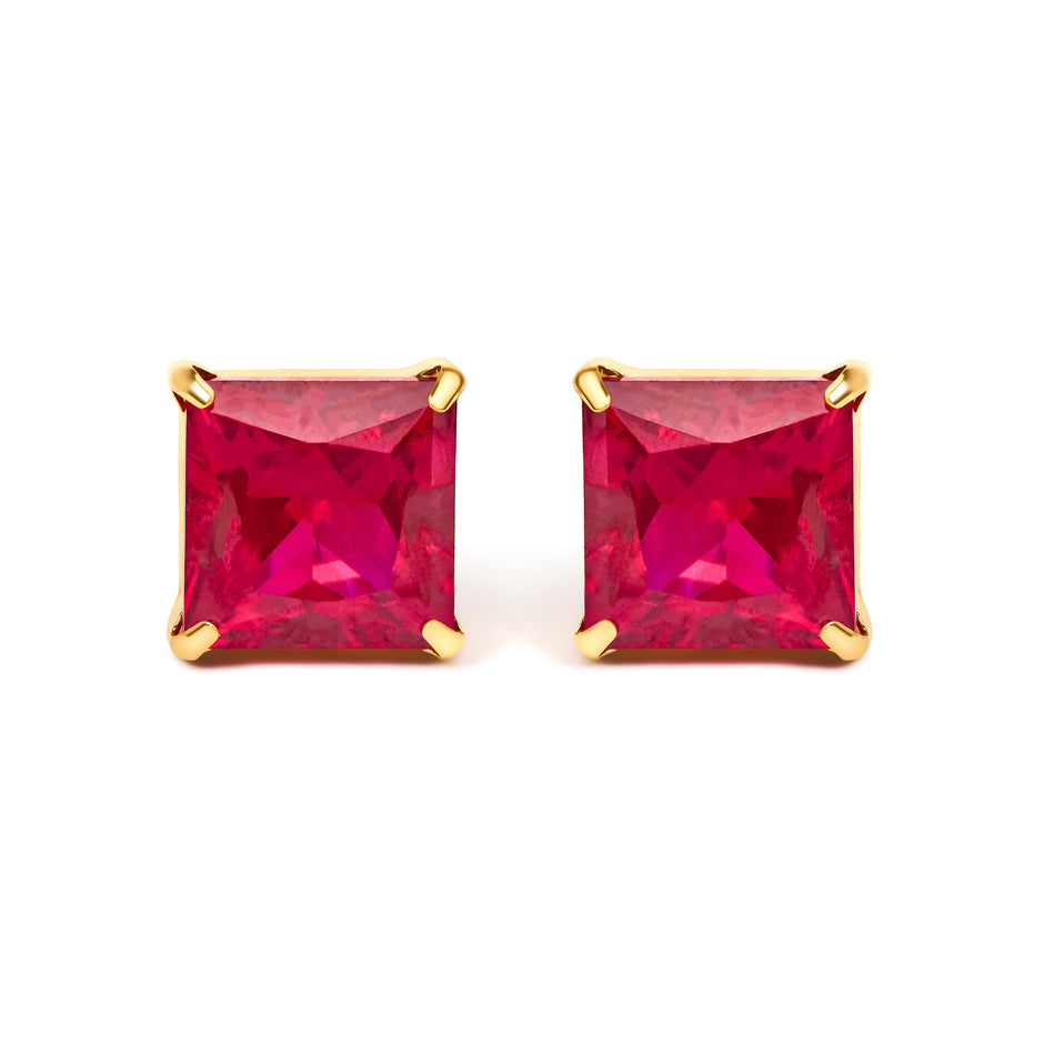 18K Yellow Gold 7x7 MM Created Red Ruby Princess Cut Solitaire Stud Earrings