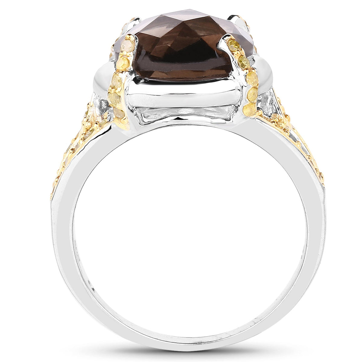 3.28 Carat Genuine Smoky Quartz and Yellow Diamond .925 Sterling Silver Ring