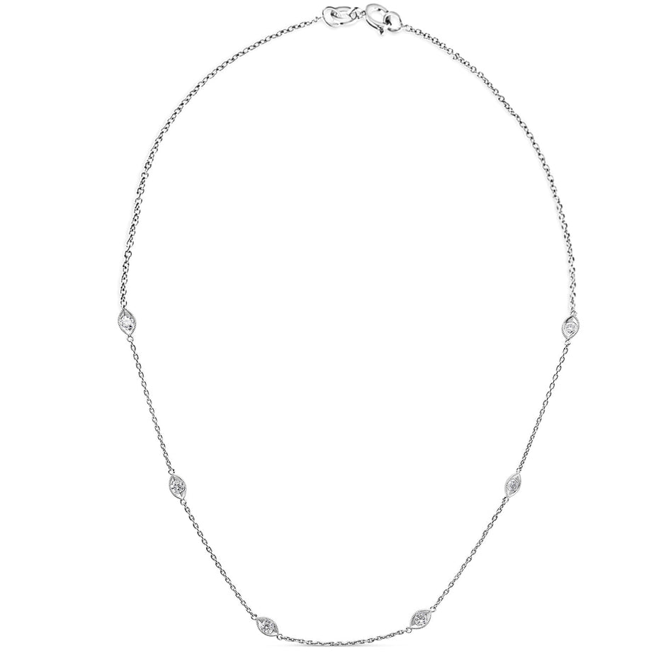 14K White Gold 1.00 Cttw Bezel Set Round Diamond Marquise Shaped Milgrain Station 18
