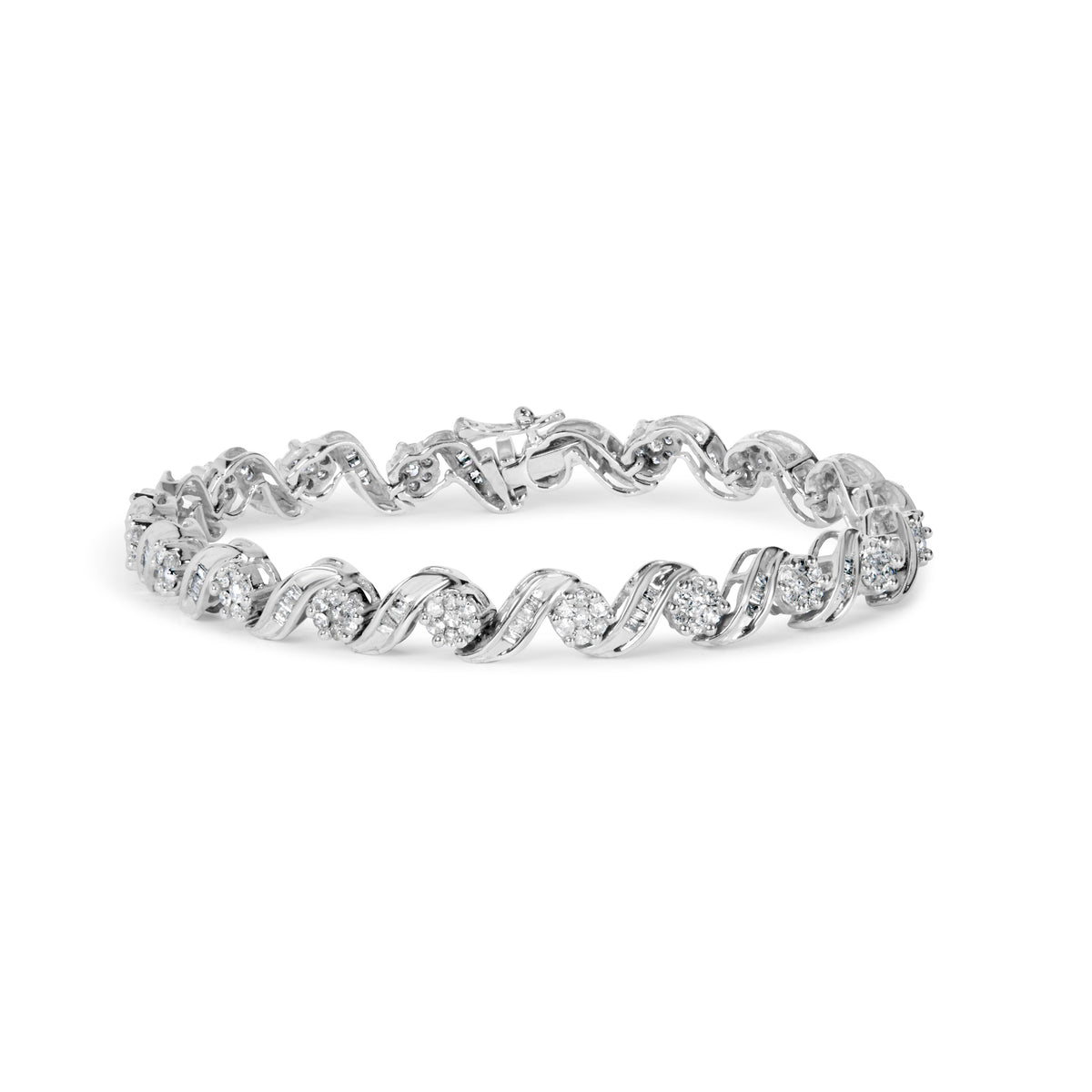 14K White Gold 2.00 Cttw Diamond Cluster and Spiral Link Bracelet (I-J Color, I1-I2 Clarity) - 7