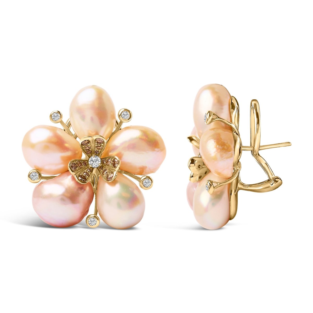 18K Rose Gold 3/8 Cttw Diamond and Freshwater Pearl Blossom Stud Earrings - Earrings - Custom Crafting Alliance, LLC