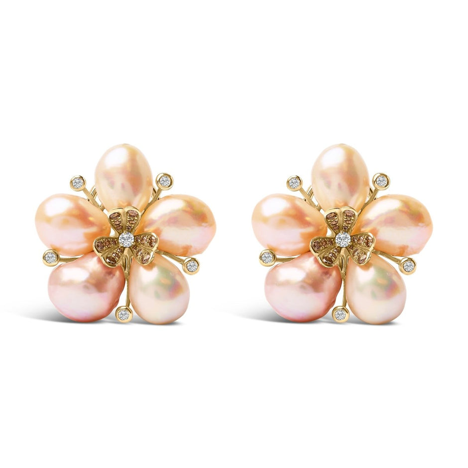 18K Rose Gold 3/8 Cttw Diamond and Freshwater Pearl Blossom Stud Earrings - Earrings - Custom Crafting Alliance, LLC