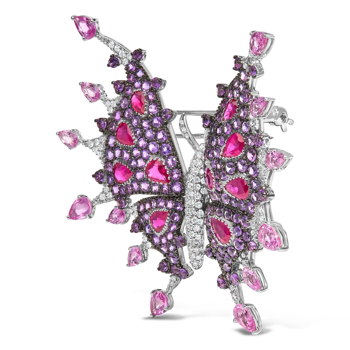 18K White Gold 1.00 Cttw Diamond, Ruby Sapphire, and Amethyst Mixed Gemstone Butterfly Brooch Pin (G-H Color, VS1-VS2 Clarity) - Accessories - Custom Crafting Alliance, LLC