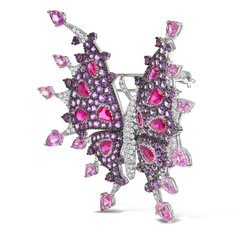 18K White Gold 1.00 Cttw Diamond, Ruby Sapphire, and Amethyst Mixed Gemstone Butterfly Brooch Pin (G-H Color, VS1-VS2 Clarity) - Accessories - Custom Crafting Alliance, LLC