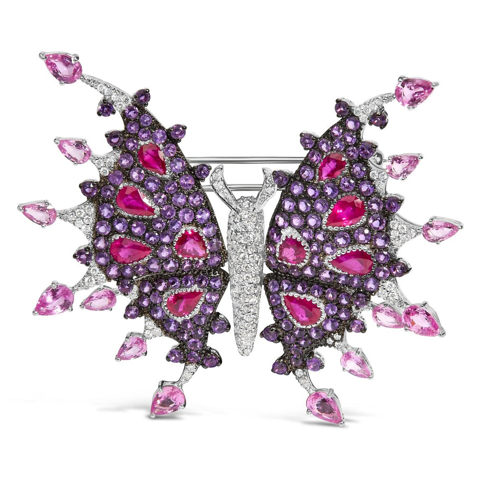 18K White Gold 1.00 Cttw Diamond, Ruby Sapphire, and Amethyst Mixed Gemstone Butterfly Brooch Pin (G-H Color, VS1-VS2 Clarity) - Accessories - Custom Crafting Alliance, LLC