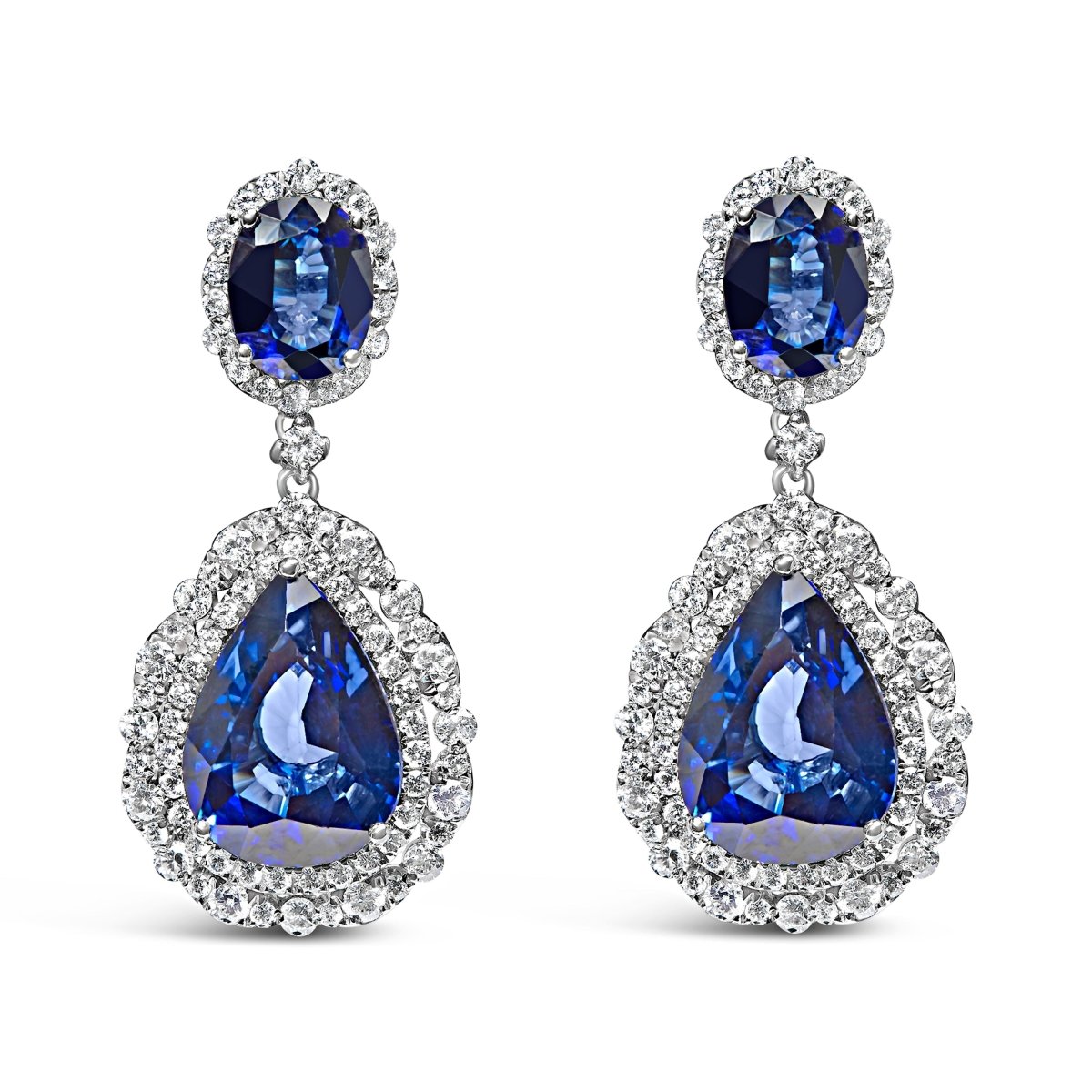 18K White Gold Blue Sapphire 2 3/4 Cttw Diamond Halo Drop Dangle Earring (G-H Color, SI1-SI2 Clarity) - Earrings - Custom Crafting Alliance, LLC