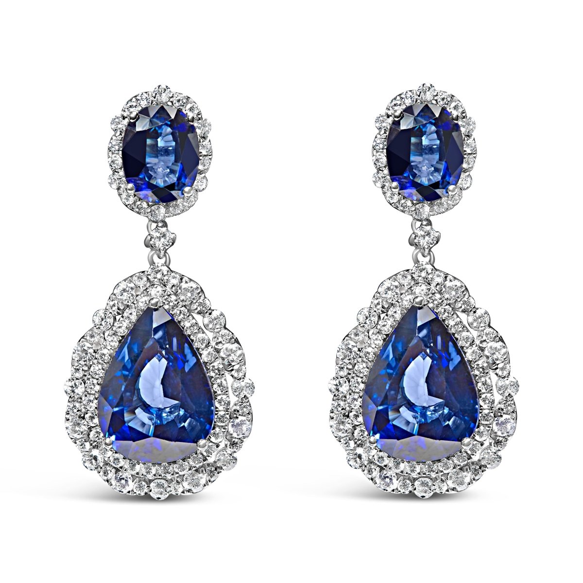 18K White Gold Blue Sapphire 2 3/4 Cttw Diamond Halo Drop Dangle Earring (G-H Color, SI1-SI2 Clarity) - Earrings - Custom Crafting Alliance, LLC