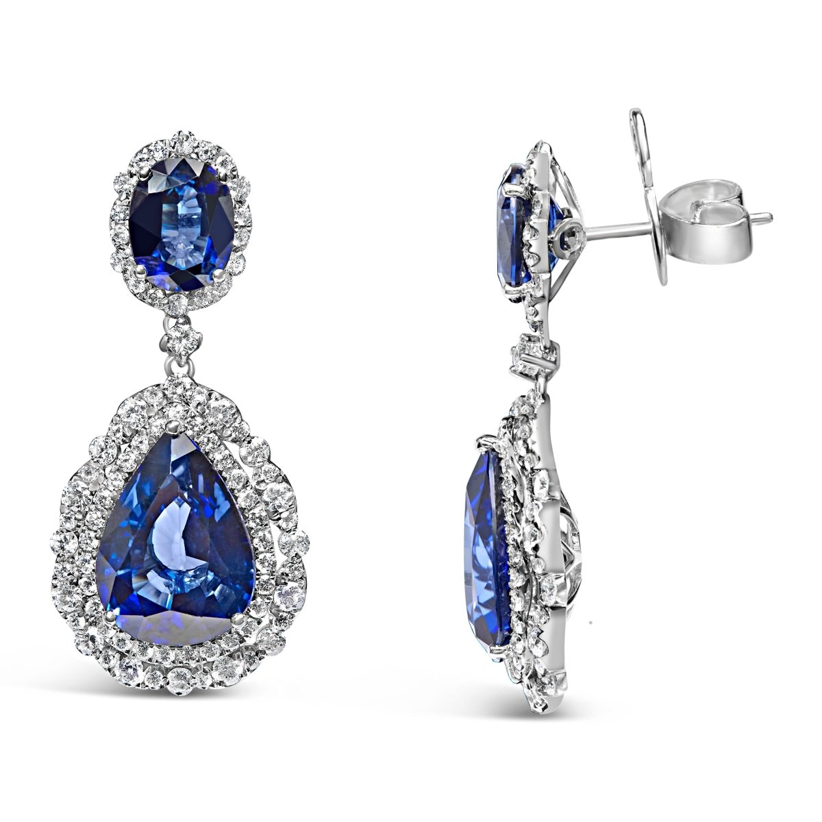 18K White Gold Blue Sapphire 2 3/4 Cttw Diamond Halo Drop Dangle Earring (G-H Color, SI1-SI2 Clarity) - Earrings - Custom Crafting Alliance, LLC