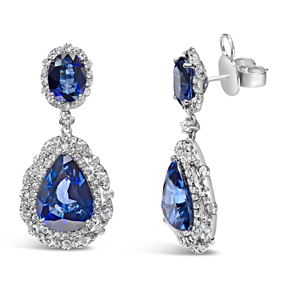 18K White Gold Blue Sapphire 2 3/4 Cttw Diamond Halo Drop Dangle Earring (G-H Color, SI1-SI2 Clarity) - Earrings - Custom Crafting Alliance, LLC