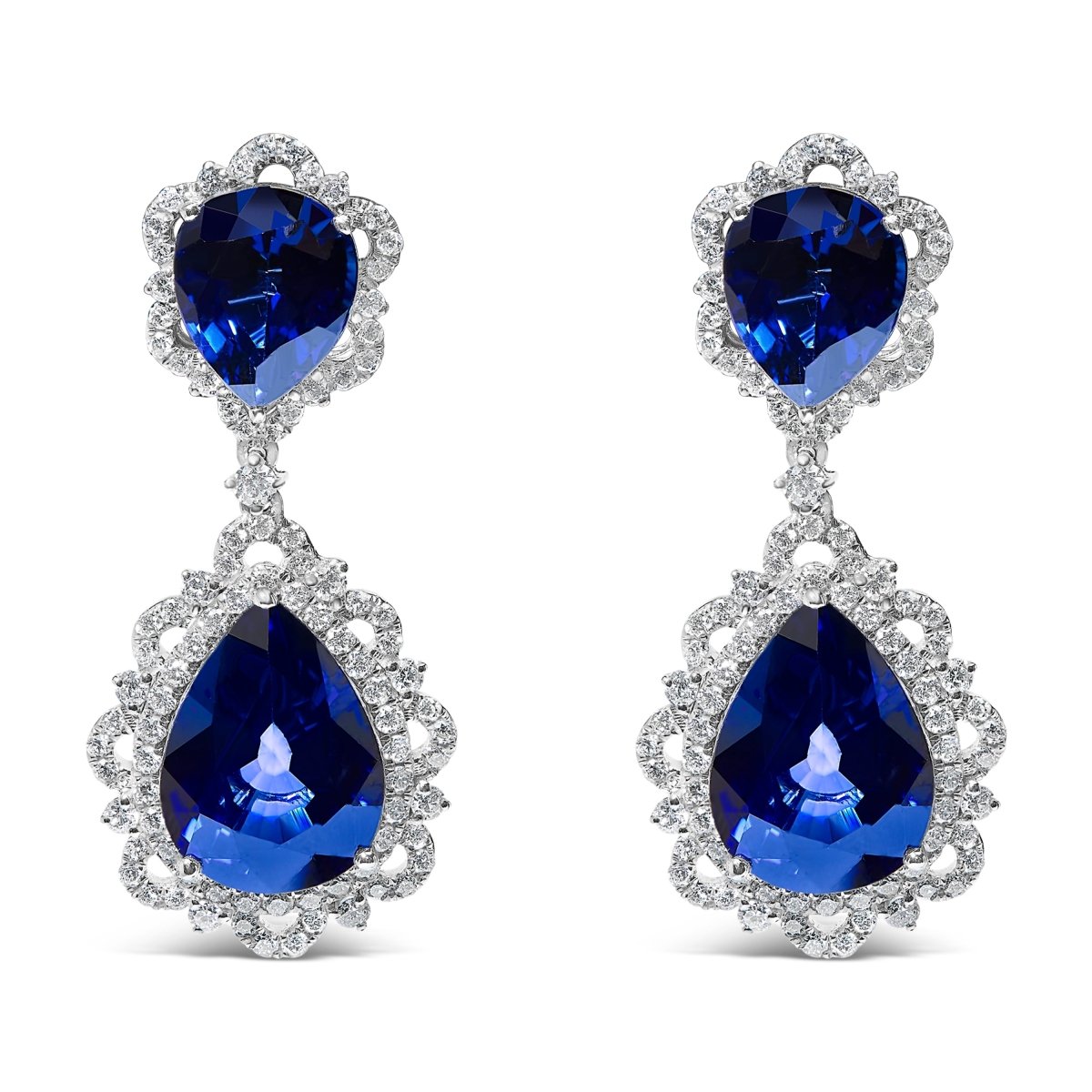 18K White Gold Blue Sapphire and Diamond 2.00 Cttw Diamond Halo Drop and Dangle Earring (G-H Color, SI1-SI2 Clarity) - Earrings - Custom Crafting Alliance, LLC