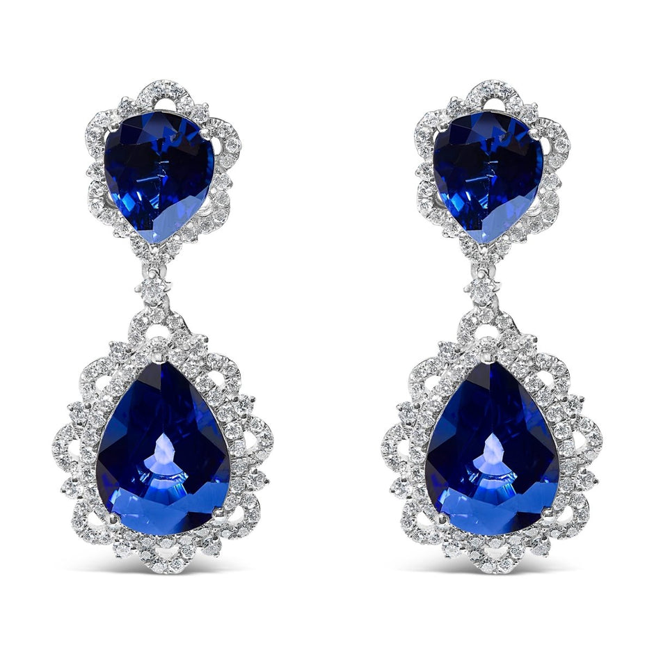 18K White Gold Blue Sapphire and Diamond 2.00 Cttw Diamond Halo Drop and Dangle Earring (G-H Color, SI1-SI2 Clarity) - Earrings - Custom Crafting Alliance, LLC