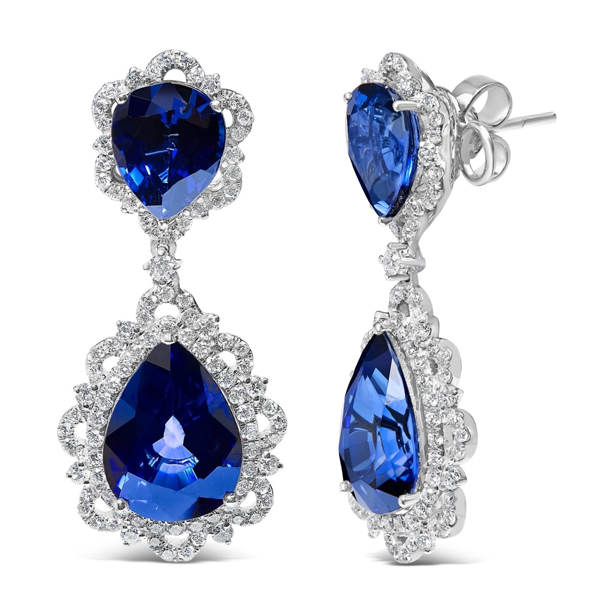 18K White Gold Blue Sapphire and Diamond 2.00 Cttw Diamond Halo Drop and Dangle Earring (G-H Color, SI1-SI2 Clarity) - Earrings - Custom Crafting Alliance, LLC
