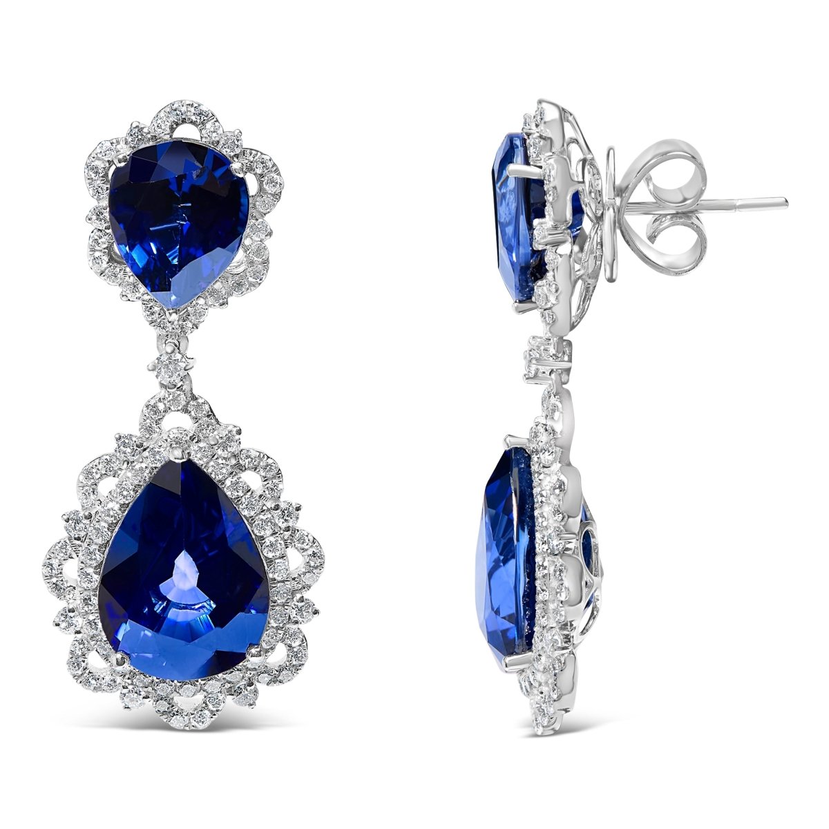 18K White Gold Blue Sapphire and Diamond 2.00 Cttw Diamond Halo Drop and Dangle Earring (G-H Color, SI1-SI2 Clarity) - Earrings - Custom Crafting Alliance, LLC