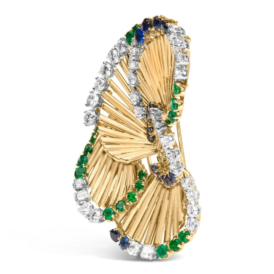18K Yellow Gold 2 1/3 Cttw Diamond, Sapphire, and Emerald Sculpted Petal Brooch Pin (G-H Color, VS1-VS2 Clarity) - Accessories - Custom Crafting Alliance, LLC