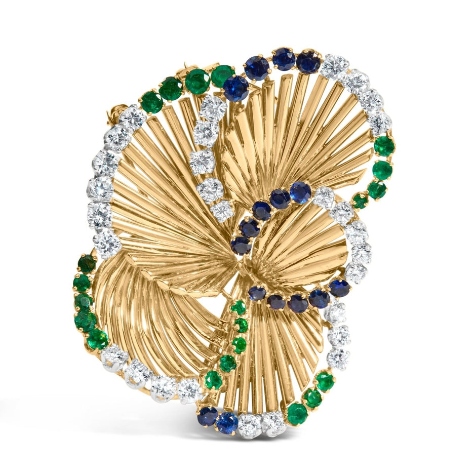 18K Yellow Gold 2 1/3 Cttw Diamond, Sapphire, and Emerald Sculpted Petal Brooch Pin (G-H Color, VS1-VS2 Clarity) - Accessories - Custom Crafting Alliance, LLC