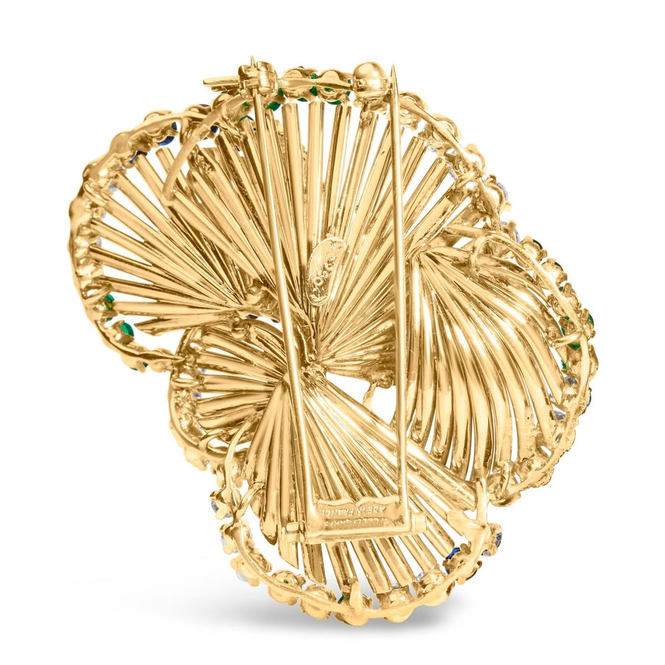 18K Yellow Gold 2 1/3 Cttw Diamond, Sapphire, and Emerald Sculpted Petal Brooch Pin (G-H Color, VS1-VS2 Clarity) - Accessories - Custom Crafting Alliance, LLC