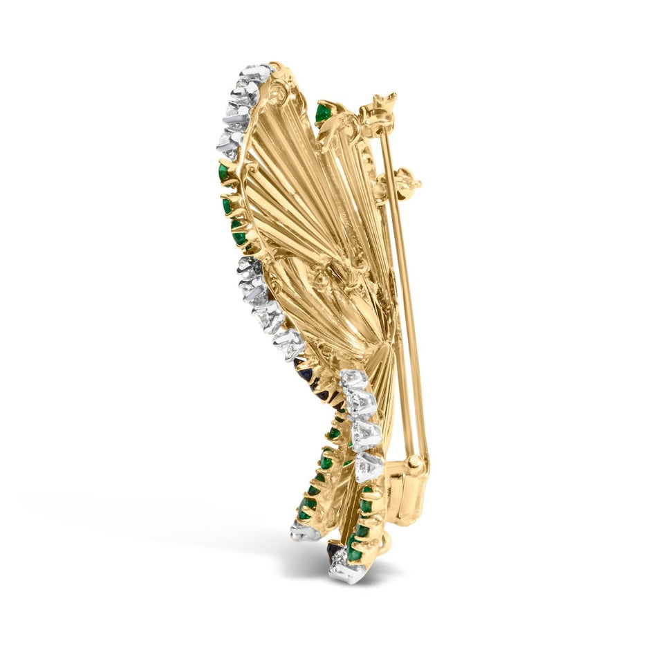 18K Yellow Gold 2 1/3 Cttw Diamond, Sapphire, and Emerald Sculpted Petal Brooch Pin (G-H Color, VS1-VS2 Clarity) - Accessories - Custom Crafting Alliance, LLC