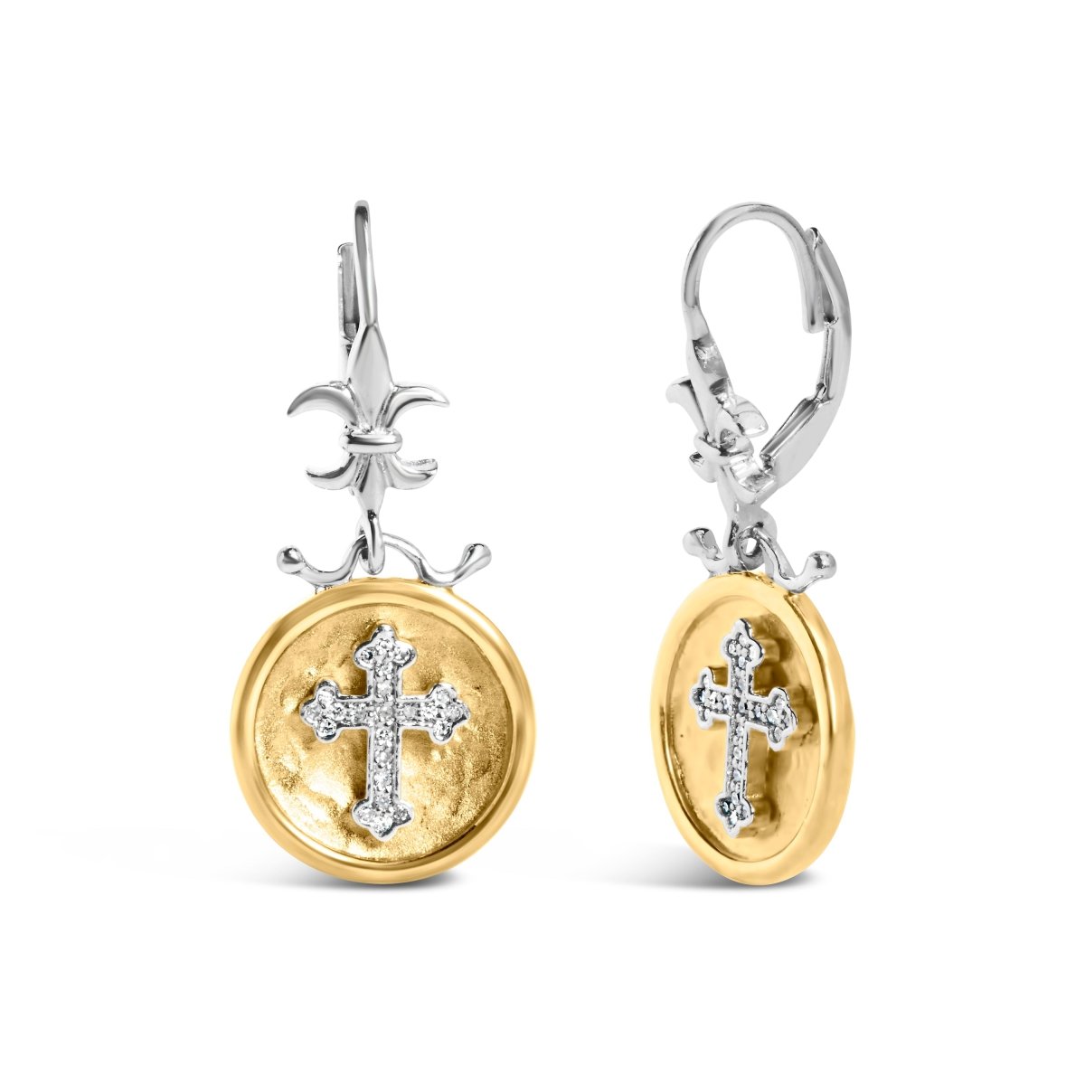 18K Yellow Gold Plated .925 Sterling Silver 1/8 Cttw Diamond Hammered Finished Medallion with Cross Drop and Dangle Earrings (I-J Color, SI1-SI2 Clarity) - Earrings - Custom Crafting Alliance, LLC
