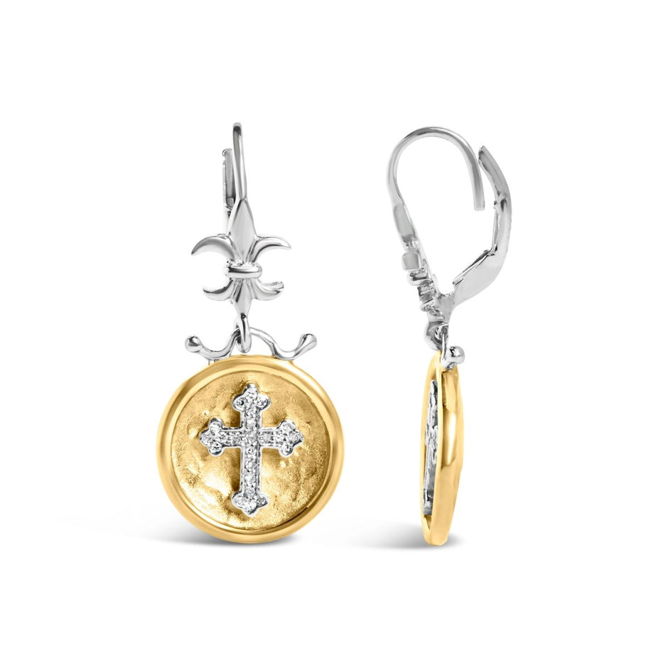 18K Yellow Gold Plated .925 Sterling Silver 1/8 Cttw Diamond Hammered Finished Medallion with Cross Drop and Dangle Earrings (I-J Color, SI1-SI2 Clarity) - Earrings - Custom Crafting Alliance, LLC