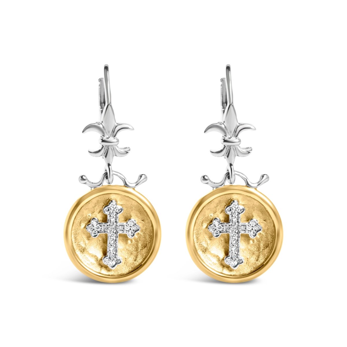 18K Yellow Gold Plated .925 Sterling Silver 1/8 Cttw Diamond Hammered Finished Medallion with Cross Drop and Dangle Earrings (I-J Color, SI1-SI2 Clarity) - Earrings - Custom Crafting Alliance, LLC