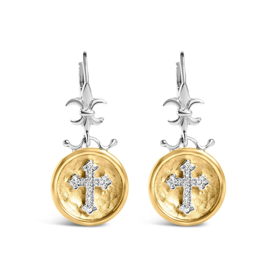 18K Yellow Gold Plated .925 Sterling Silver 1/8 Cttw Diamond Hammered Finished Medallion with Cross Drop and Dangle Earrings (I-J Color, SI1-SI2 Clarity) - Earrings - Custom Crafting Alliance, LLC